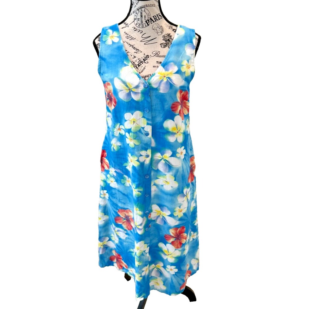 Jams World Vintage Puanani Aqua Floral Button Maxi Dress Hawaiian Rayon S